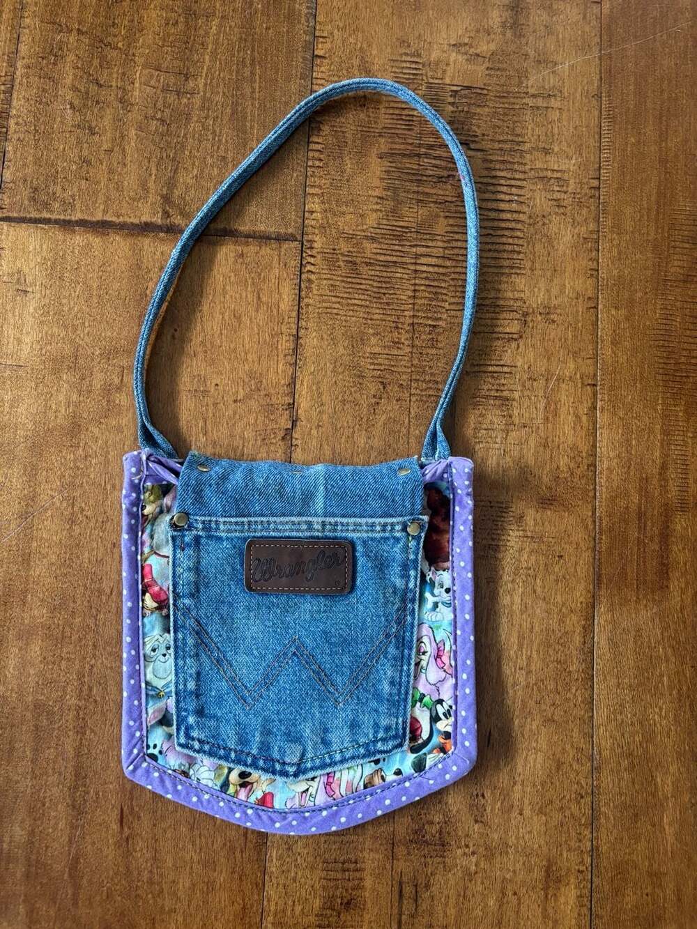 Handmade Upcycled Wrangler Denim Pocket Purse with Disney Dogs Pattern
